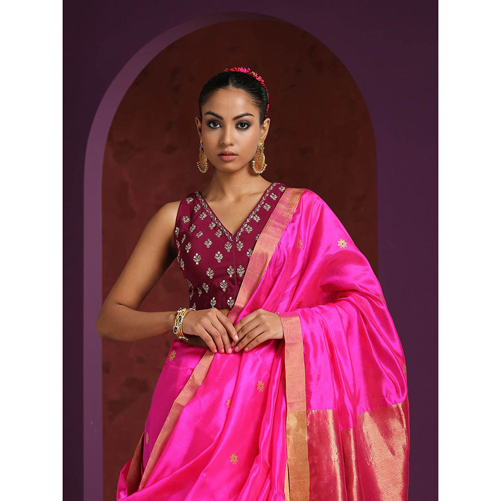 WeaverStory Handcrafted Wine Crepe Zardozi Blouse with Booti