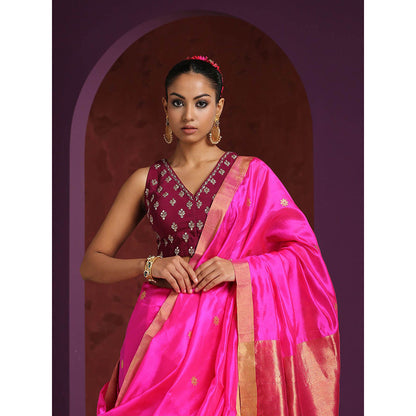 WeaverStory Handcrafted Wine Crepe Zardozi Blouse with Booti