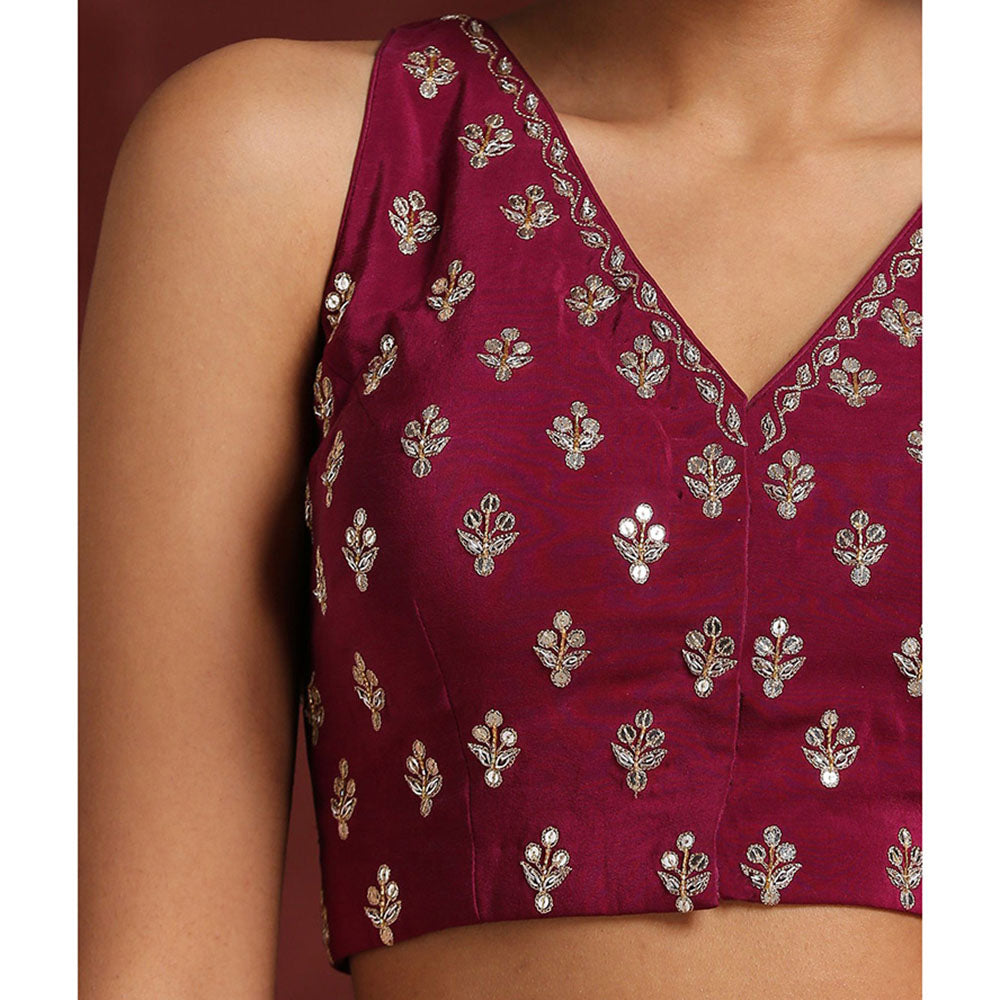 WeaverStory Handcrafted Wine Crepe Zardozi Blouse with Booti