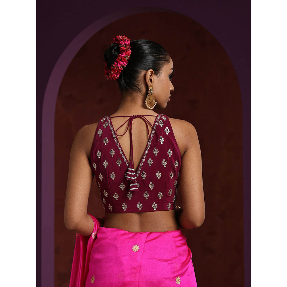 WeaverStory Handcrafted Wine Crepe Zardozi Blouse with Booti