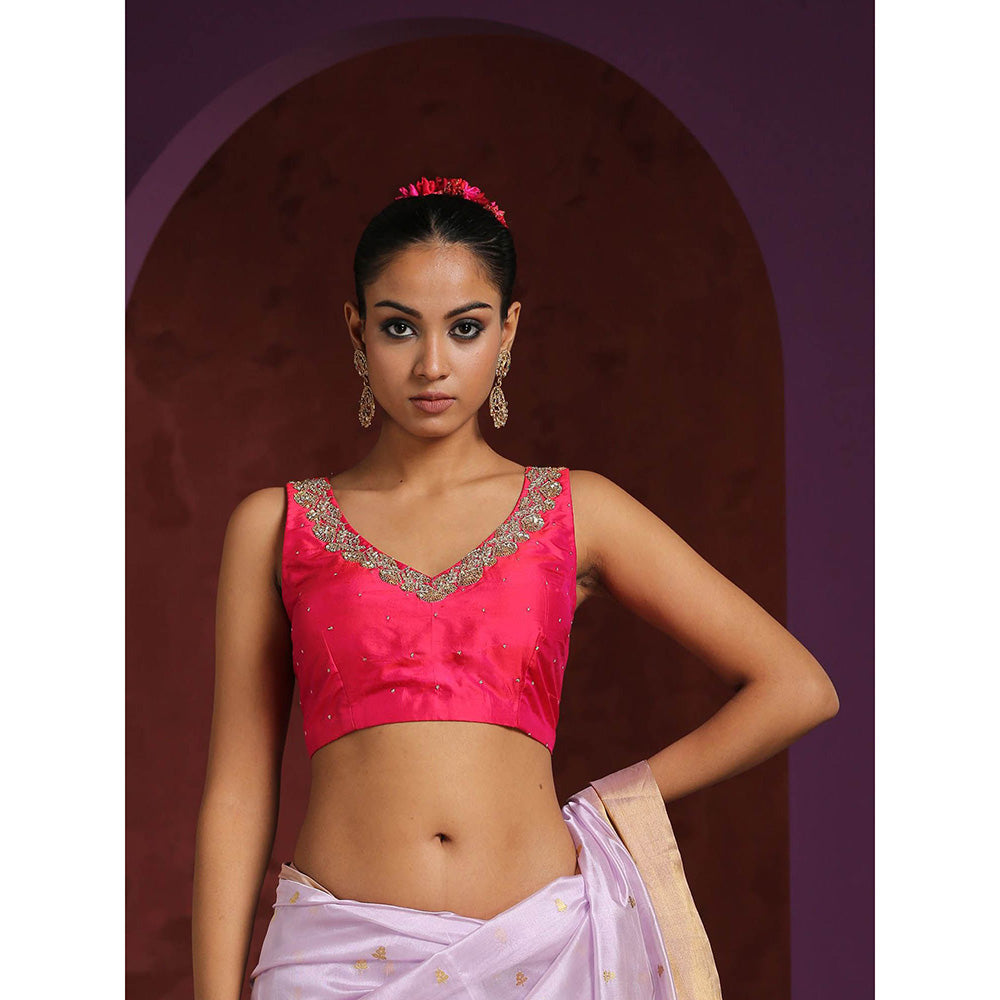 WeaverStory Hot Pink Raw Silk Blouse with Hand Embroidered Zardozi Detailing