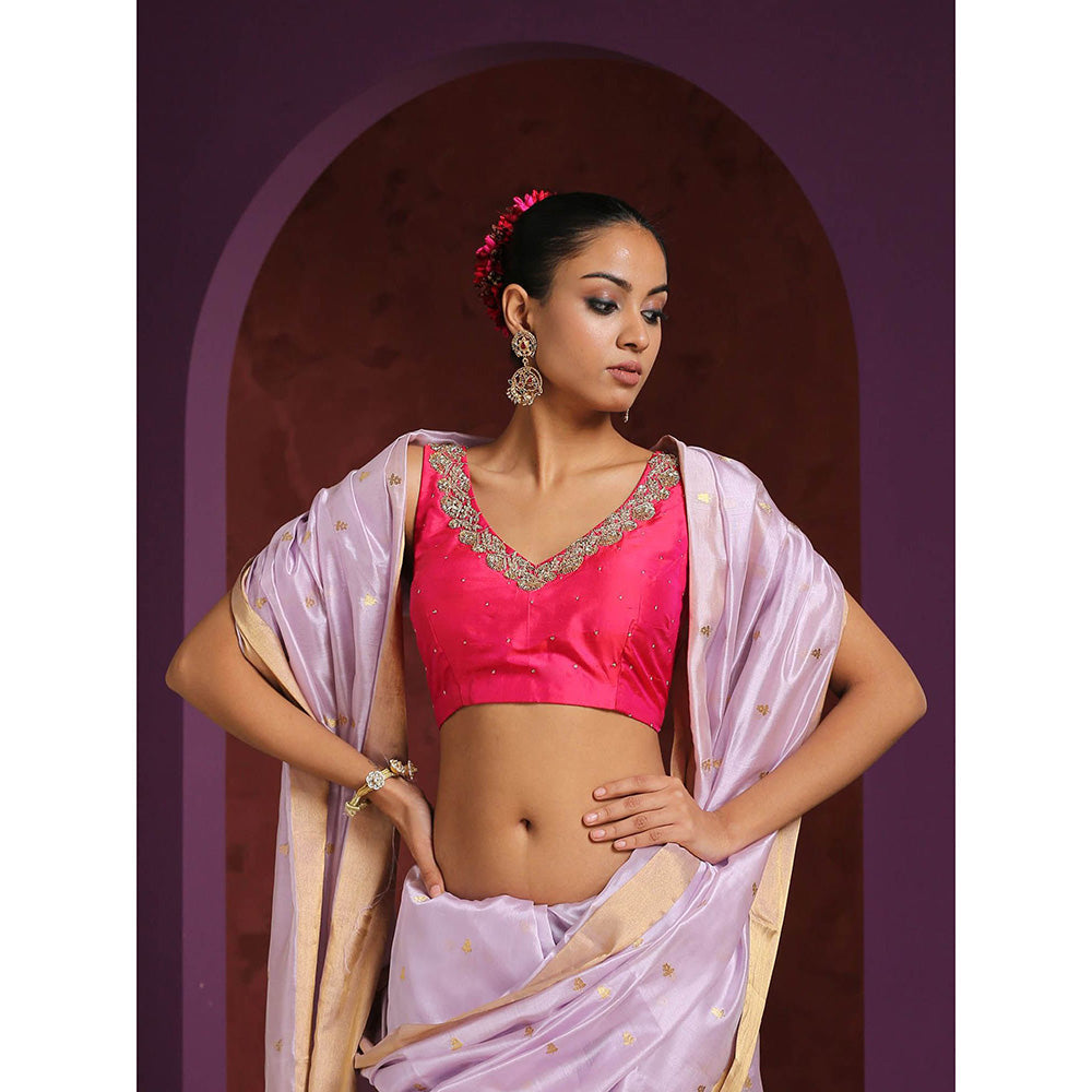 WeaverStory Hot Pink Raw Silk Blouse with Hand Embroidered Zardozi Detailing