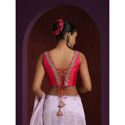 WeaverStory Hot Pink Raw Silk Blouse with Hand Embroidered Zardozi Detailing