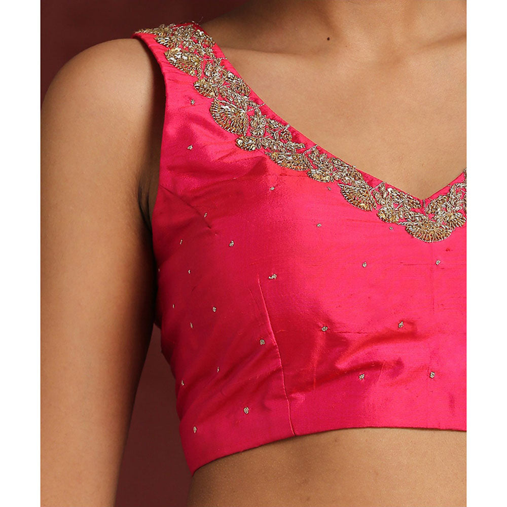 WeaverStory Hot Pink Raw Silk Blouse with Hand Embroidered Zardozi Detailing
