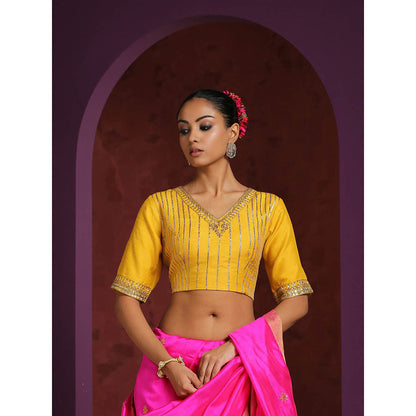 WeaverStory Handcrafted Yellow Moonga Silk Blouse with Gota Patti