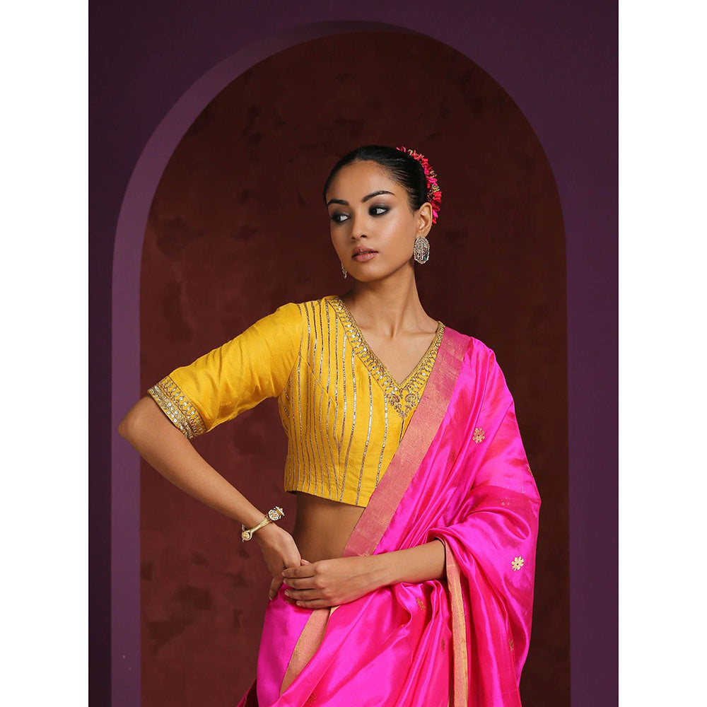 WeaverStory Handcrafted Yellow Moonga Silk Blouse with Gota Patti