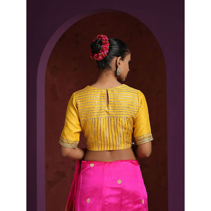 WeaverStory Handcrafted Yellow Moonga Silk Blouse with Gota Patti