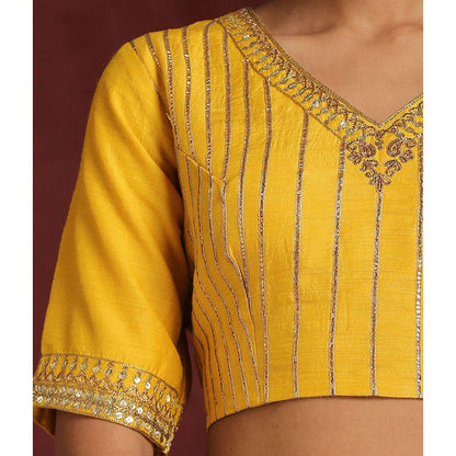 WeaverStory Handcrafted Yellow Moonga Silk Blouse with Gota Patti