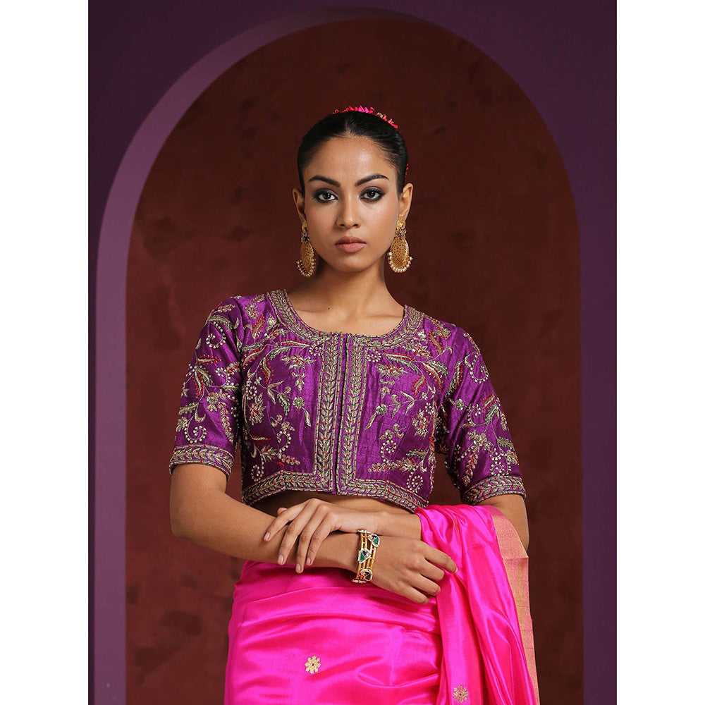 WeaverStory Purple Handcrafted Raw Silk Zardozi Blouse with Meena Work