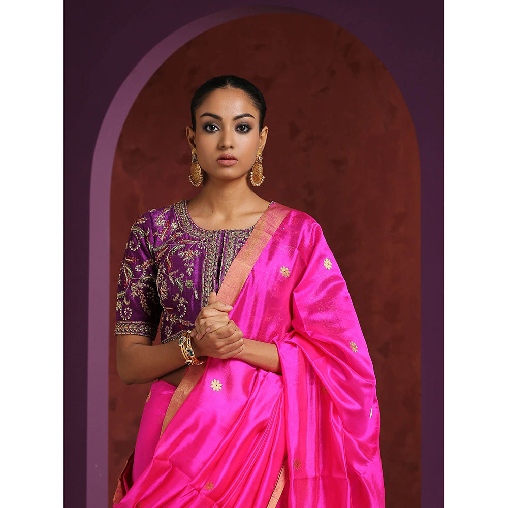 WeaverStory Purple Handcrafted Raw Silk Zardozi Blouse with Meena Work