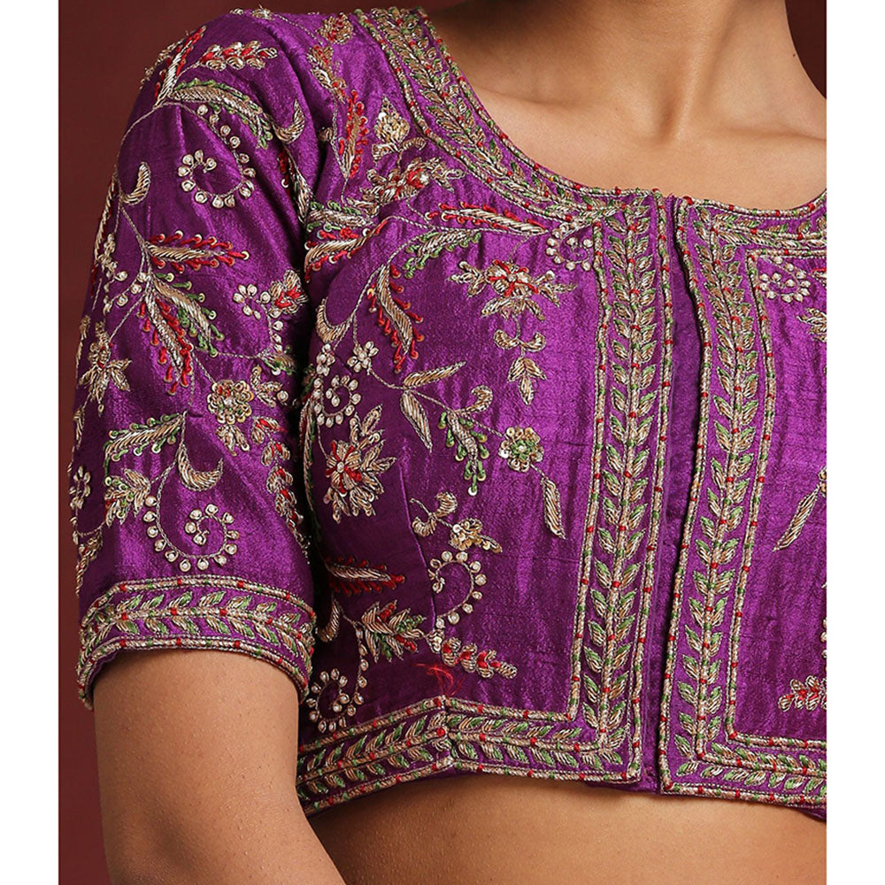 WeaverStory Purple Handcrafted Raw Silk Zardozi Blouse with Meena Work