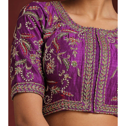 WeaverStory Purple Handcrafted Raw Silk Zardozi Blouse with Meena Work