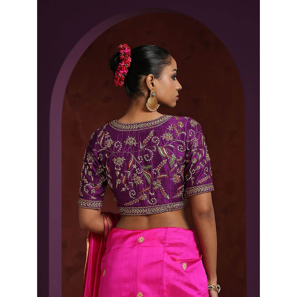 WeaverStory Purple Handcrafted Raw Silk Zardozi Blouse with Meena Work