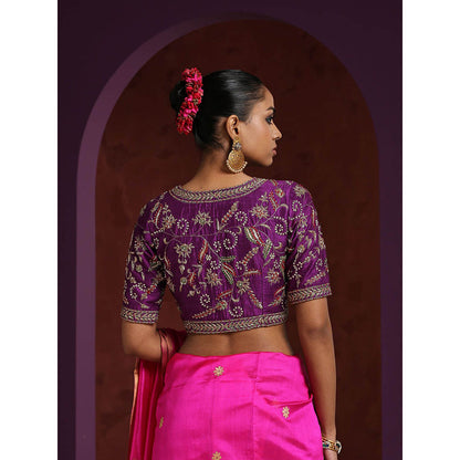 WeaverStory Purple Handcrafted Raw Silk Zardozi Blouse with Meena Work