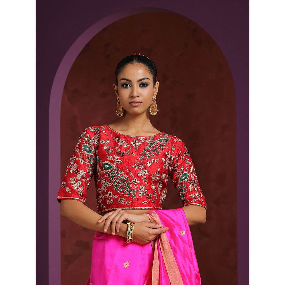 WeaverStory Handcrafted Red Raw Silk Zardozi Blouse with Meena Work