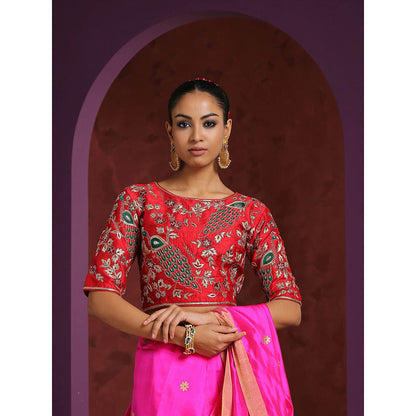 WeaverStory Handcrafted Red Raw Silk Zardozi Blouse with Meena Work