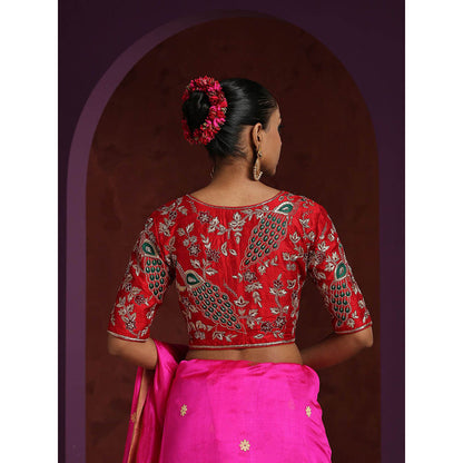WeaverStory Handcrafted Red Raw Silk Zardozi Blouse with Meena Work
