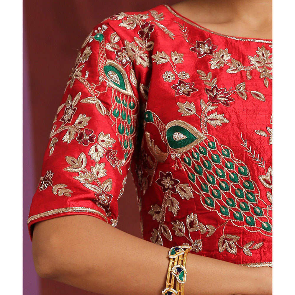WeaverStory Handcrafted Red Raw Silk Zardozi Blouse with Meena Work