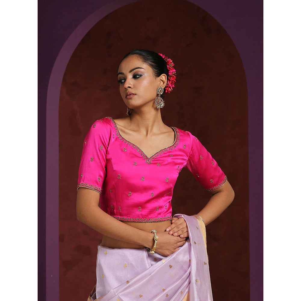 WeaverStory Hot Pink Raw Silk Hand Embroidered Zardozi Blouse