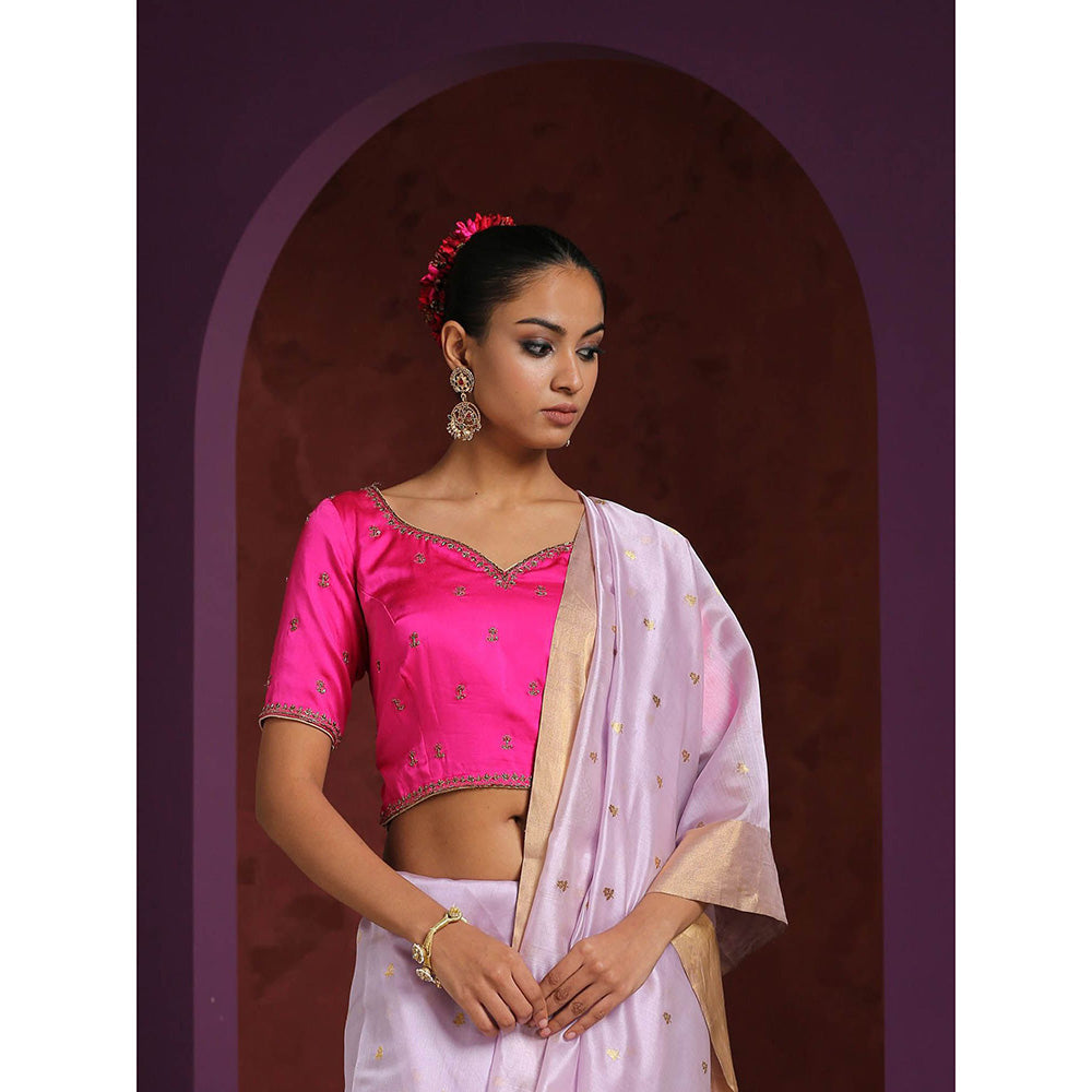 WeaverStory Hot Pink Raw Silk Hand Embroidered Zardozi Blouse