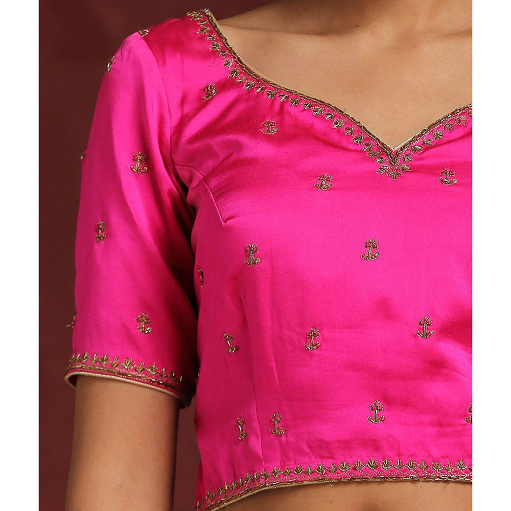 WeaverStory Hot Pink Raw Silk Hand Embroidered Zardozi Blouse