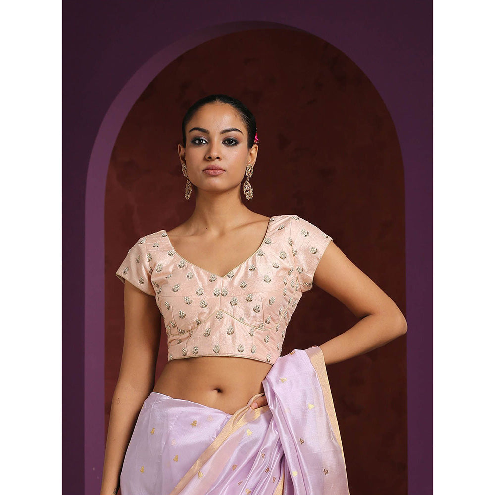 WeaverStory Peach Handcrafted Pearl Booti Blouse Raw Silk Blouse