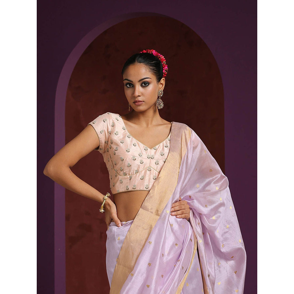 WeaverStory Peach Handcrafted Pearl Booti Blouse Raw Silk Blouse