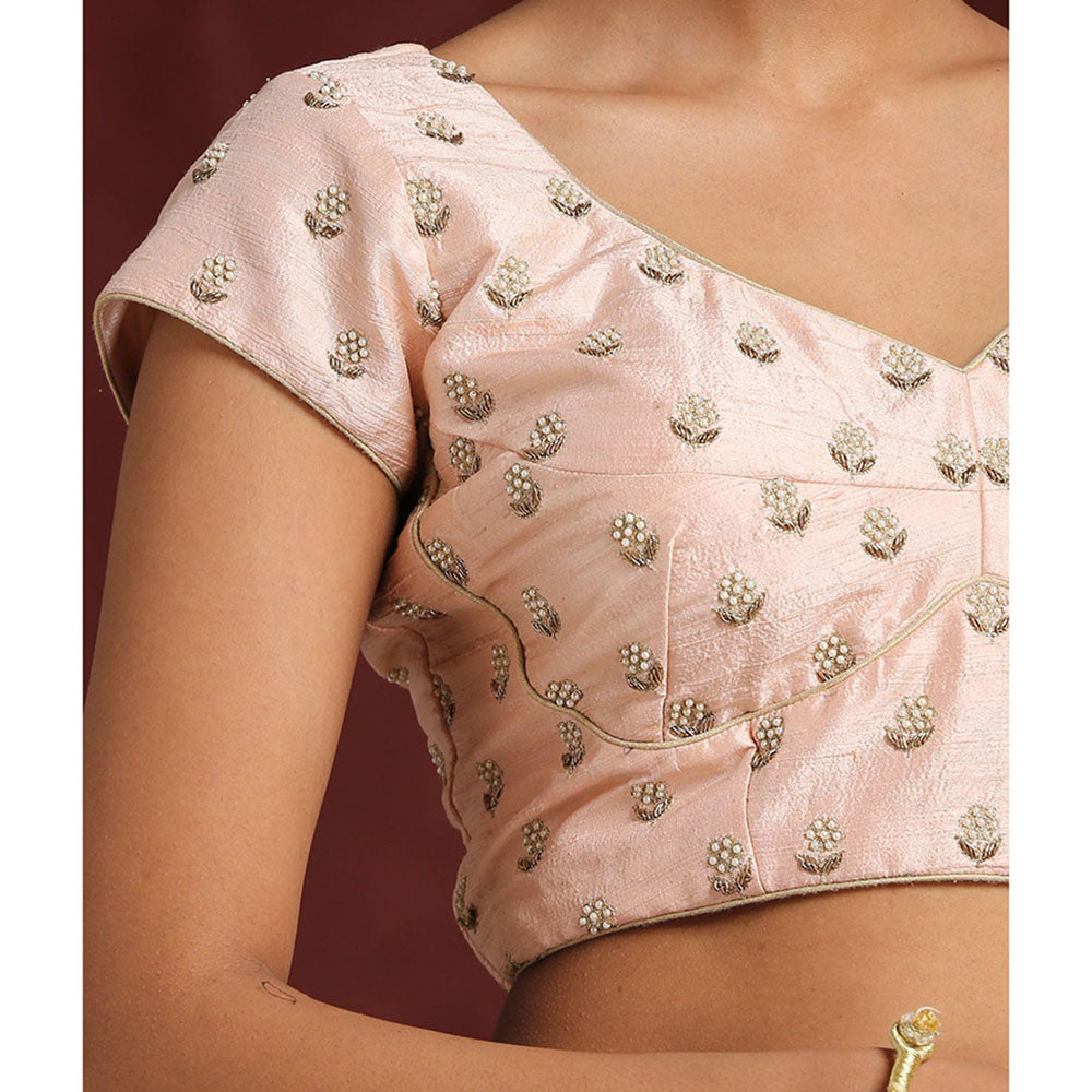 WeaverStory Peach Handcrafted Pearl Booti Blouse Raw Silk Blouse