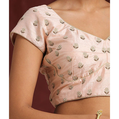 WeaverStory Peach Handcrafted Pearl Booti Blouse Raw Silk Blouse