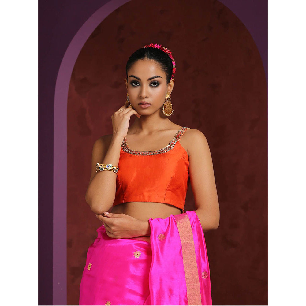 WeaverStory Orange Pure Silk Blouse with Zardozi Hand Embroidered