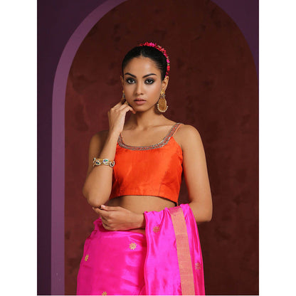 WeaverStory Orange Pure Silk Blouse with Zardozi Hand Embroidered