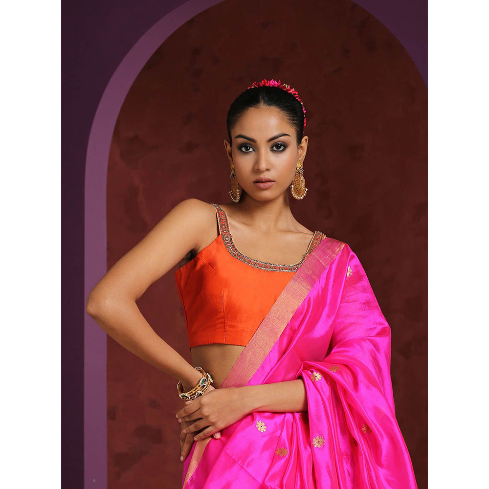 WeaverStory Orange Pure Silk Blouse with Zardozi Hand Embroidered