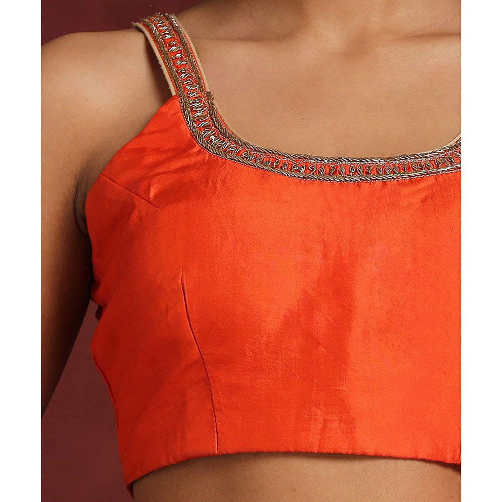 WeaverStory Orange Pure Silk Blouse with Zardozi Hand Embroidered