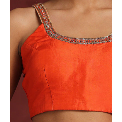 WeaverStory Orange Pure Silk Blouse with Zardozi Hand Embroidered