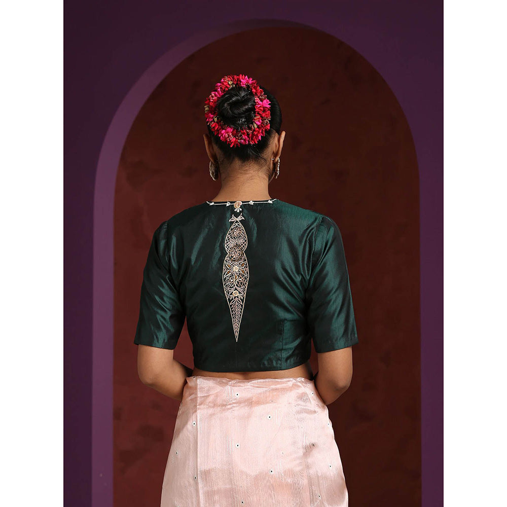 WeaverStory Green Mushroo Silk Hand Embroidered Zardozi Blouse