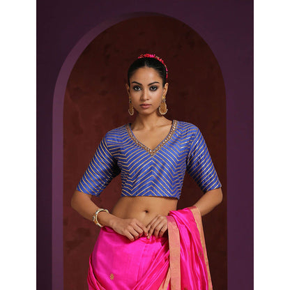 WeaverStory Handcrafted Blue Moonga Silk Blouse with Gota Patti and Zardozi Work