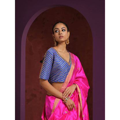 WeaverStory Handcrafted Blue Moonga Silk Blouse with Gota Patti and Zardozi Work
