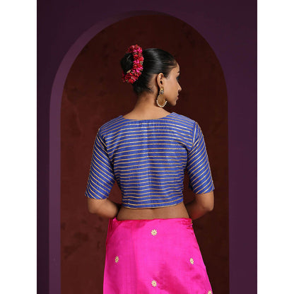 WeaverStory Handcrafted Blue Moonga Silk Blouse with Gota Patti and Zardozi Work