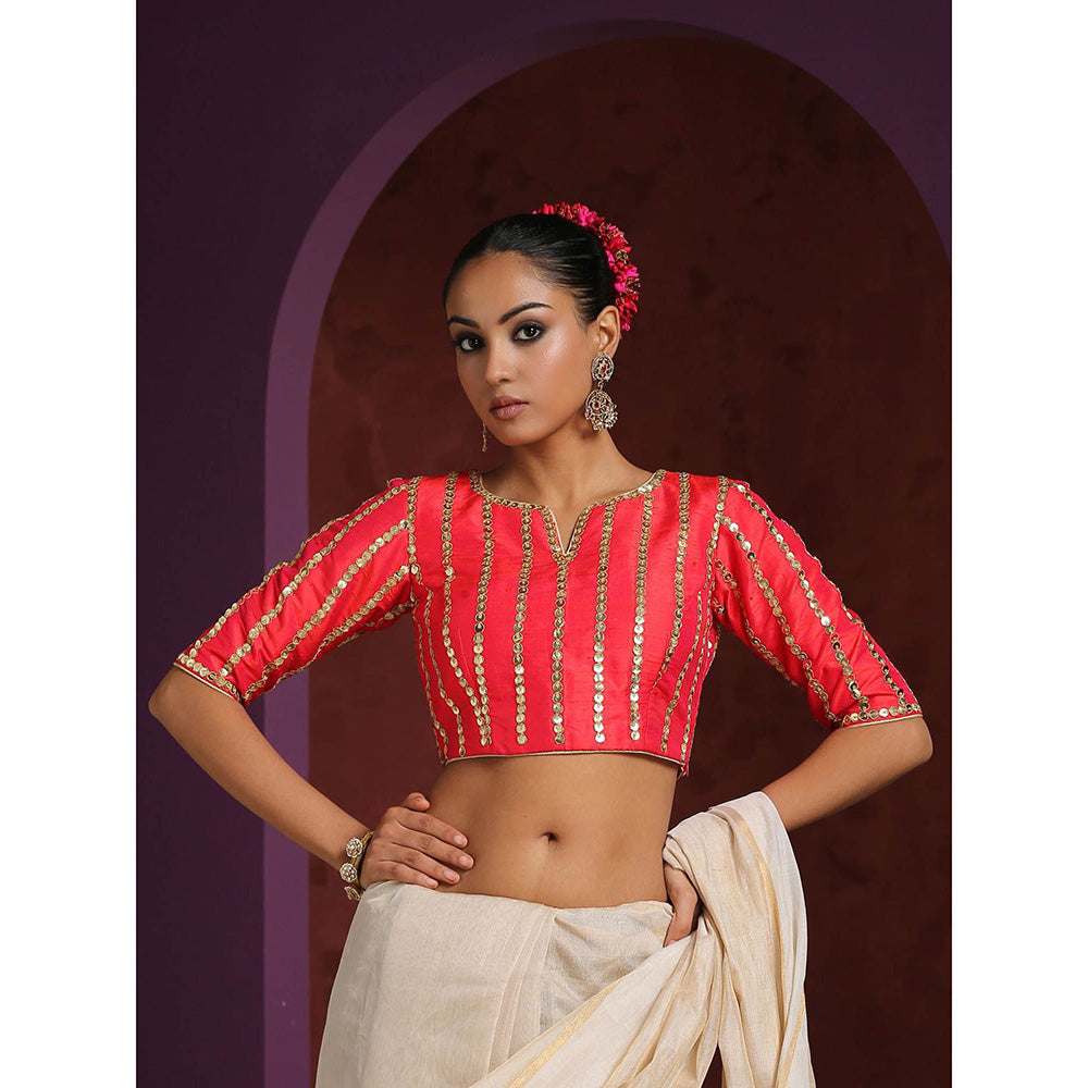 WeaverStory Red Raw Stripe Embellished Blouse