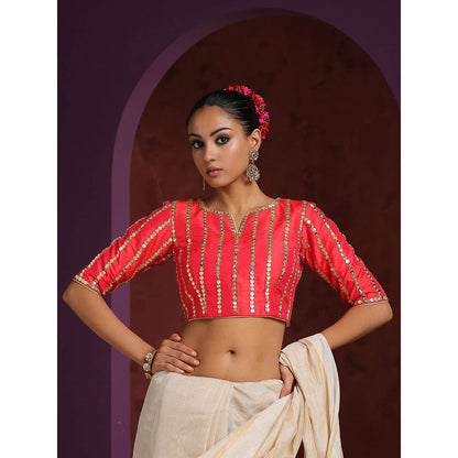 WeaverStory Red Raw Stripe Embellished Blouse