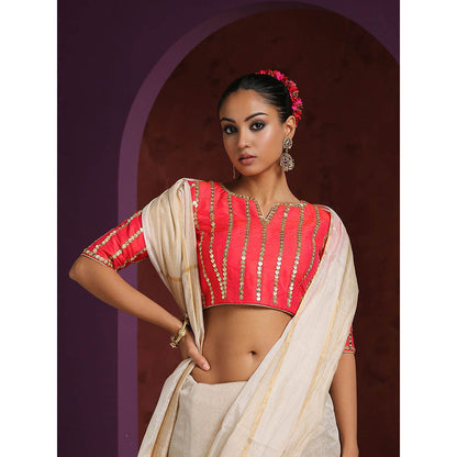 WeaverStory Red Raw Stripe Embellished Blouse