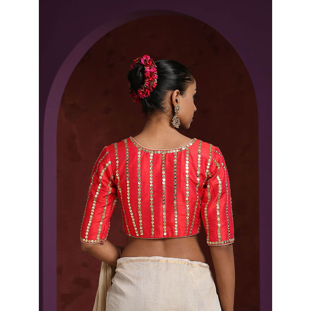 WeaverStory Red Raw Stripe Embellished Blouse