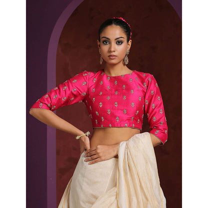 WeaverStory Handcrafted Hot Pink Pure Silk Blouse with Zardozi Work