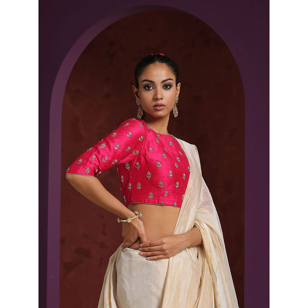 WeaverStory Handcrafted Hot Pink Pure Silk Blouse with Zardozi Work