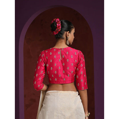 WeaverStory Handcrafted Hot Pink Pure Silk Blouse with Zardozi Work