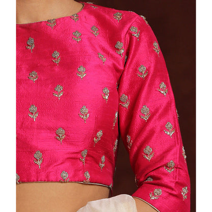 WeaverStory Handcrafted Hot Pink Pure Silk Blouse with Zardozi Work