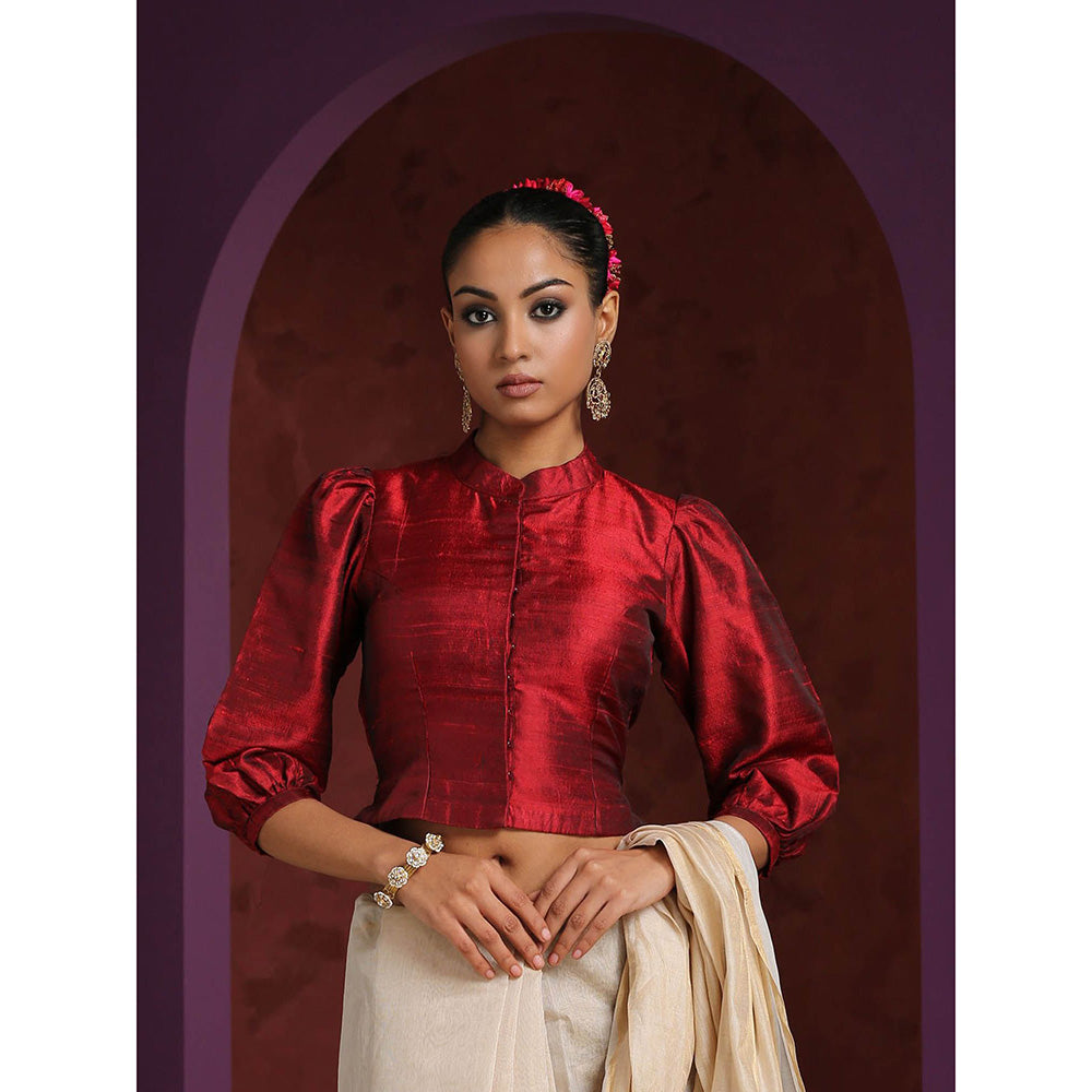 WeaverStory Handcrafted Maroon Raw Silk with Puff Sleeves