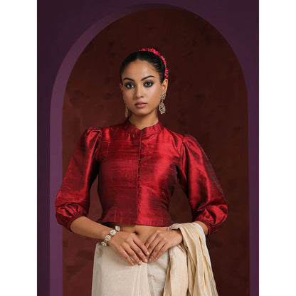 WeaverStory Handcrafted Maroon Raw Silk with Puff Sleeves