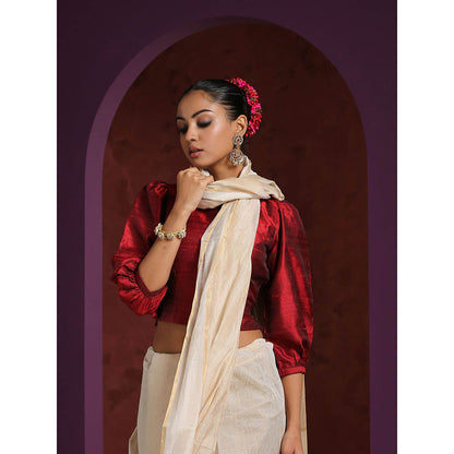 WeaverStory Handcrafted Maroon Raw Silk with Puff Sleeves