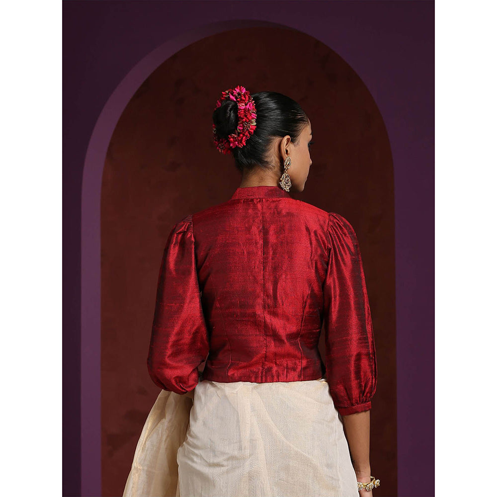 WeaverStory Handcrafted Maroon Raw Silk with Puff Sleeves